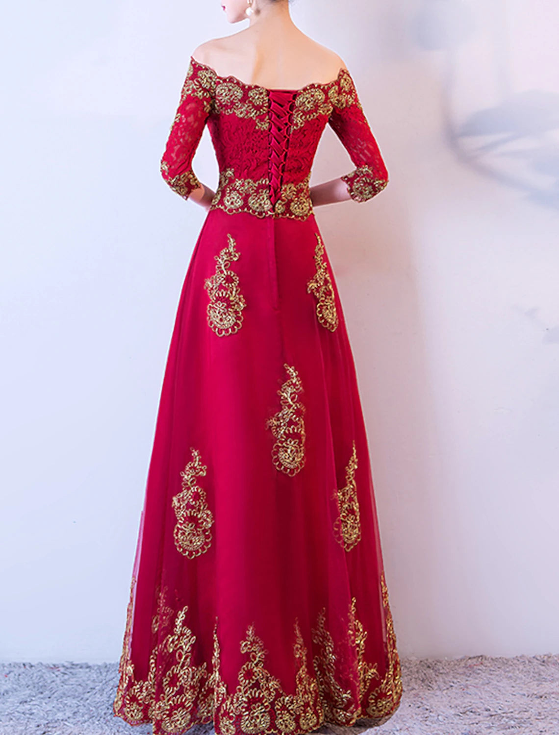 Wholesale A-Line Glittering Floral Engagement Formal Evening Dress Off Shoulder Half Sleeve Floor Length Lace with Embroidery Appliques